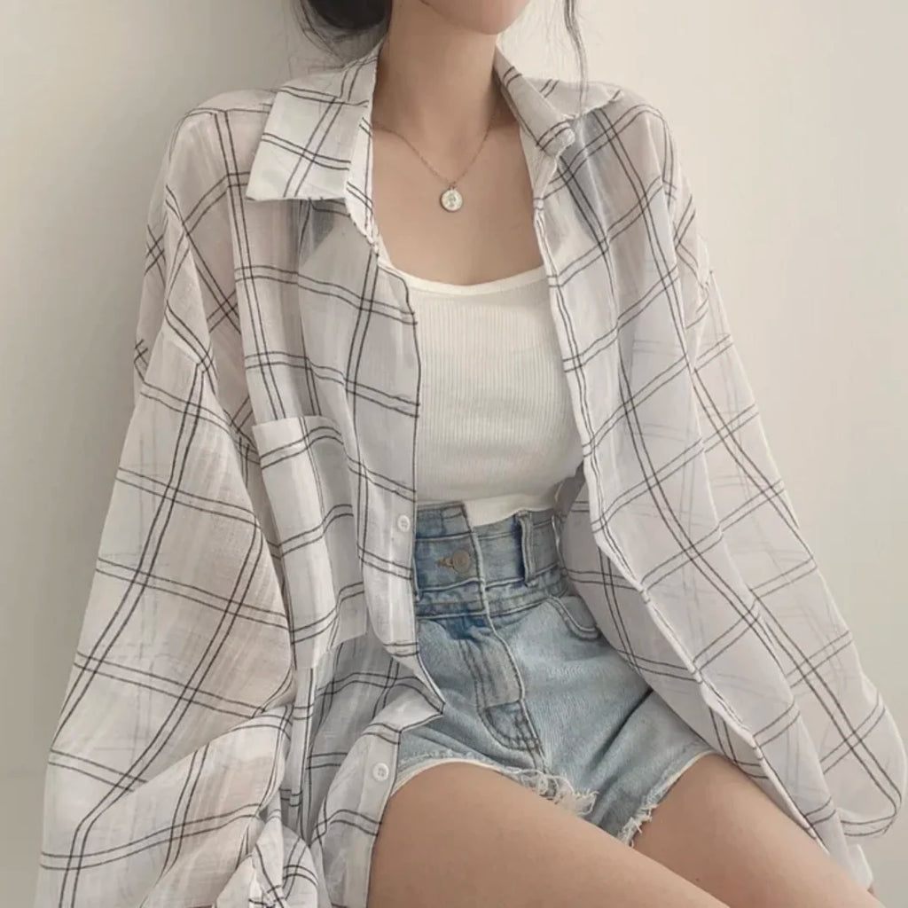 Loose Long Sleeve Plaid Shirt Women's Fashion Early Autumn New Style Korean Version Single Button Cardigan Sun Protection Top