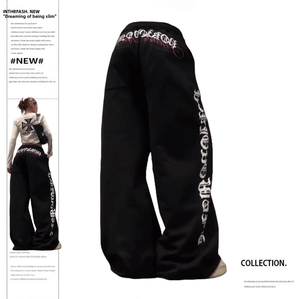 American Retro Letter Print Drawstring Sport Pants Women's Autumn Winter Loose Lazy Versatile Long Trousers Casual High Waist...
