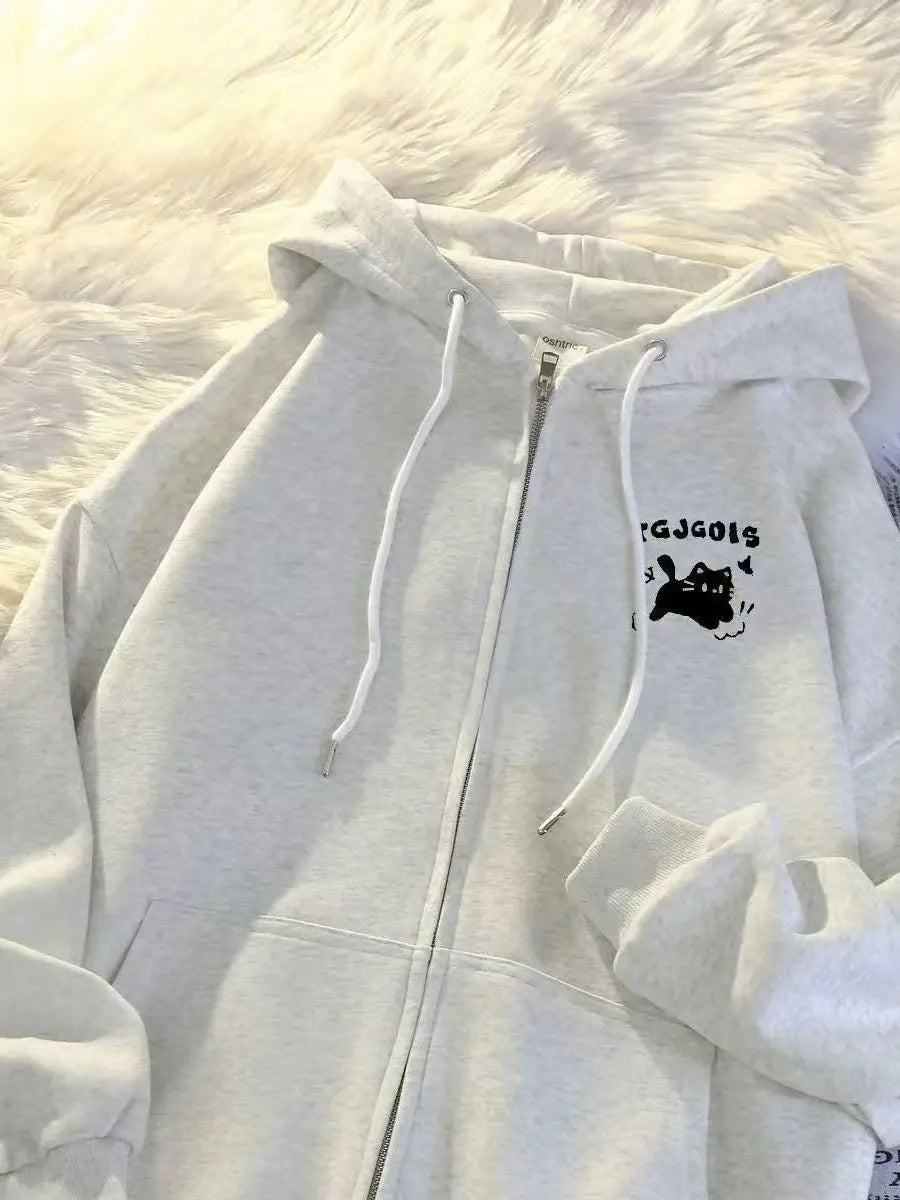 2026 New Korean Style Hoodie Sweatshirt Autumn Winter Fleece Casual Versatile American Loose Outerwear Trendy Zipper Closure