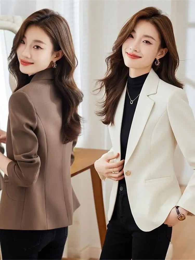 Café Brown Women's Suit Jacket Casual Fashionable Versatile Lightweight Spring Autumn Waist-Cinching Short Length Casual Top
