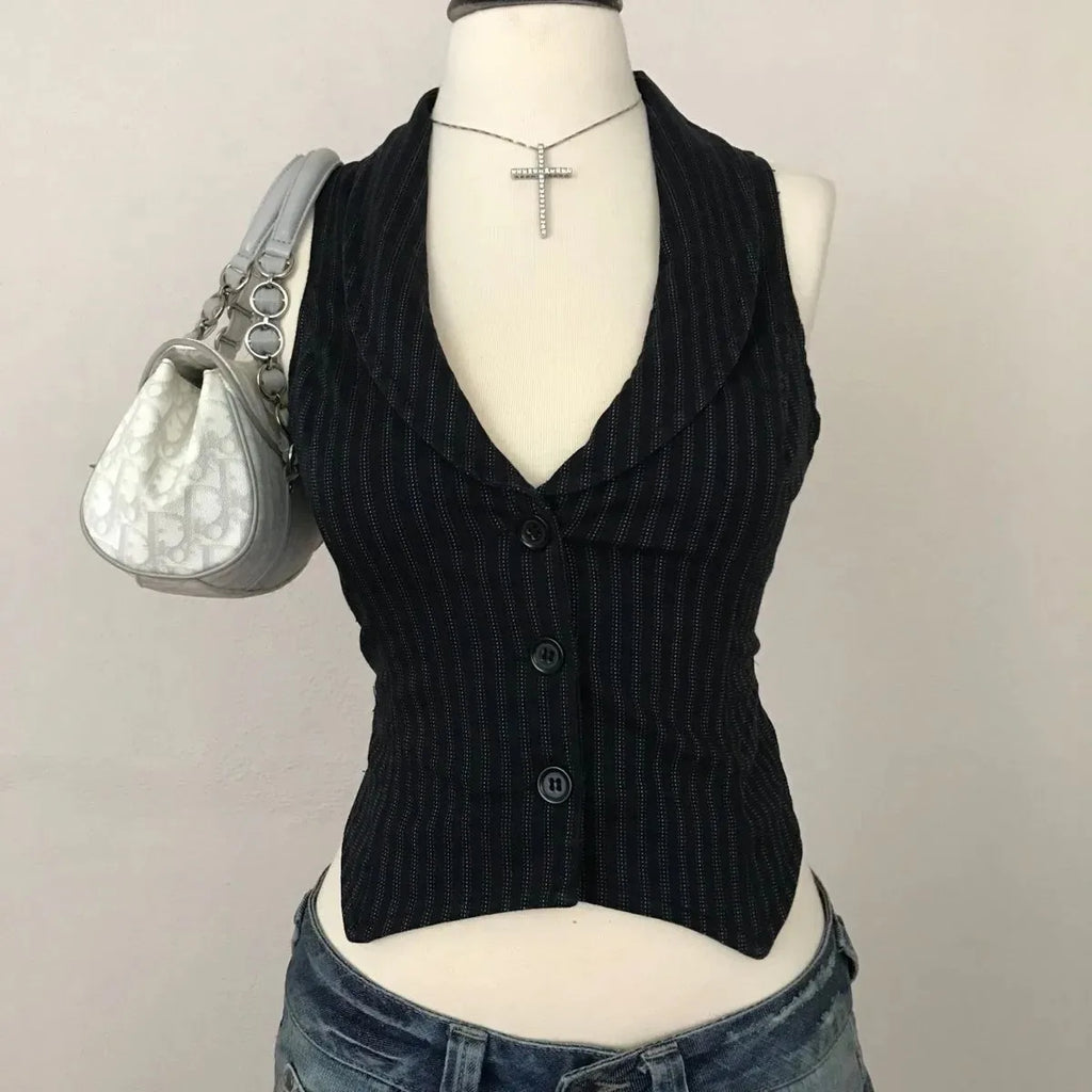 Vintage Stripe Short Sleeve Shirt Black Slim Fit Summer Top Women's Fashion Retro Style Vest Outerwear V-Neck Other Material