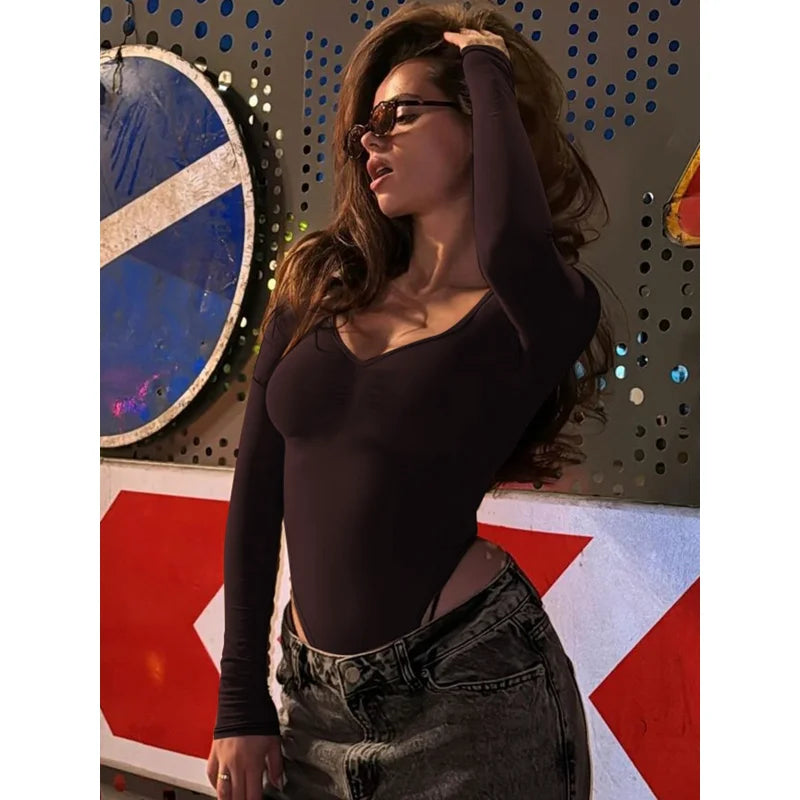 Sexy Tight One-Piece Long Sleeve T-Shirt Base Layer Shirt Coffee Color Autumn Winter High Waist Short Pants Polyester Fiber