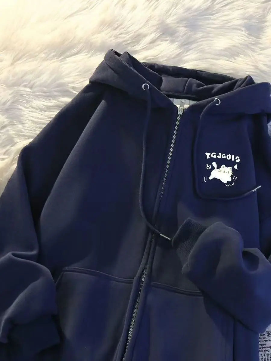 2026 New Korean Style Hoodie Sweatshirt Autumn Winter Fleece Casual Versatile American Loose Outerwear Trendy Zipper Closure