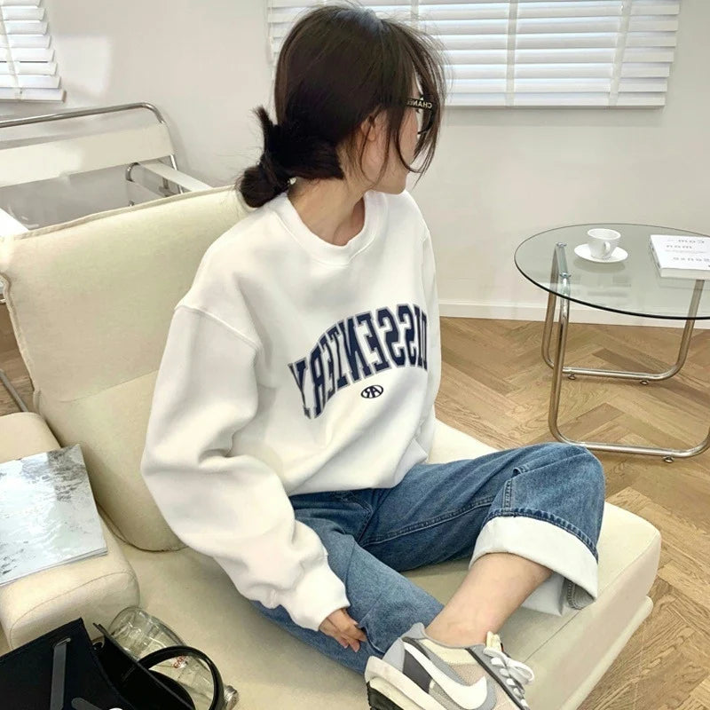 Women's Loose Fit Thin American Style Hoodie Spring Autumn Trendy Hiphop High Street Casual Long Sleeve round Neck Print Top