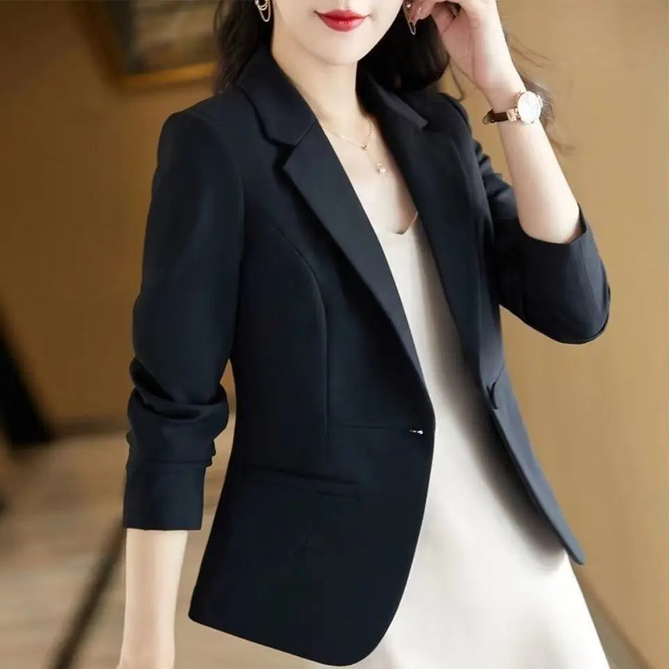 Women's Casual Long Sleeve Short Suit Jacket Korean Style Waist-Cinching Slim Fit Black And White Versatile Business Top