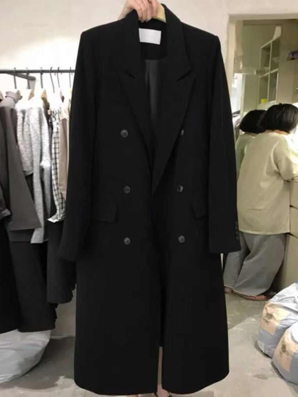 Black Oversized Women's Windbreaker Jacket 2024 Autumn Winter New Style Versatile Korean High-End Feel Medium-Length Suit Coat