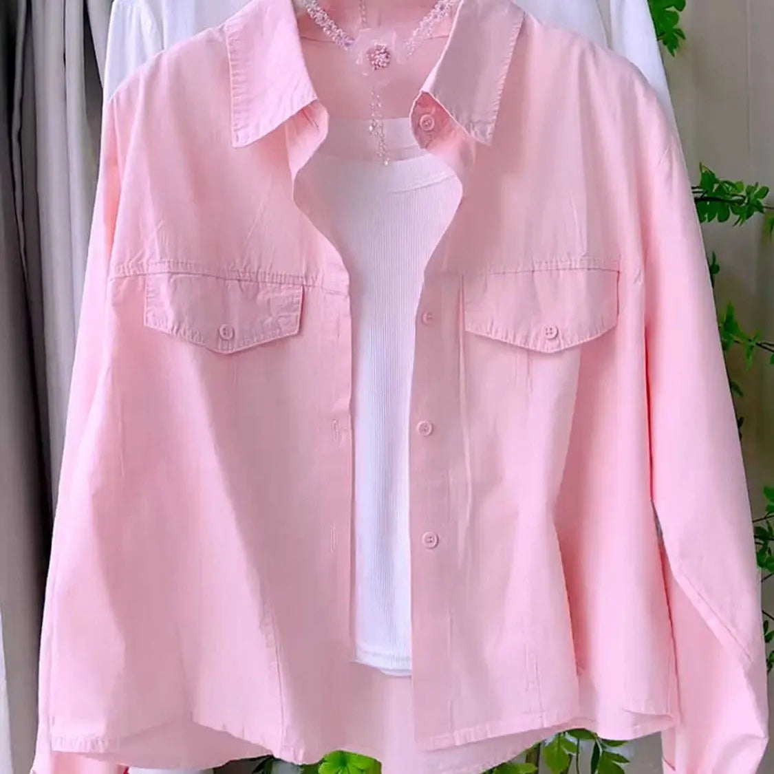 Sweet Pink Long Sleeve Pure Cotton Shirt Women's Casual Short Style  Collar Cardigan Coat Korean Loose Fit Button Detail