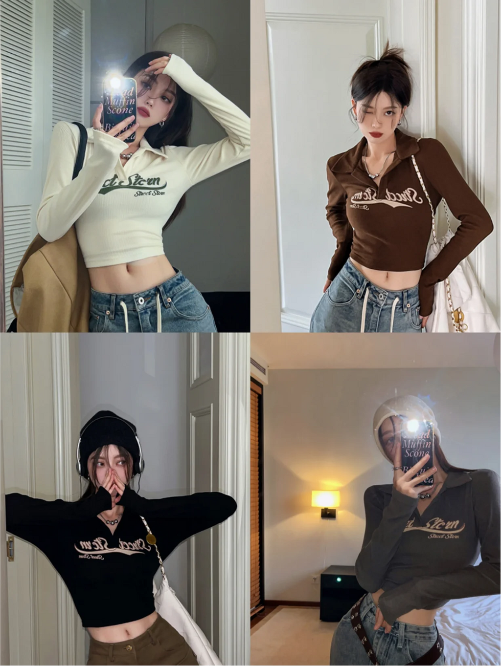 Retro American Long Sleeve T-Shirt Women's High Waist Crop Top Slim Fit Short Style Base Shirt Commute Style Polyester Fiber
