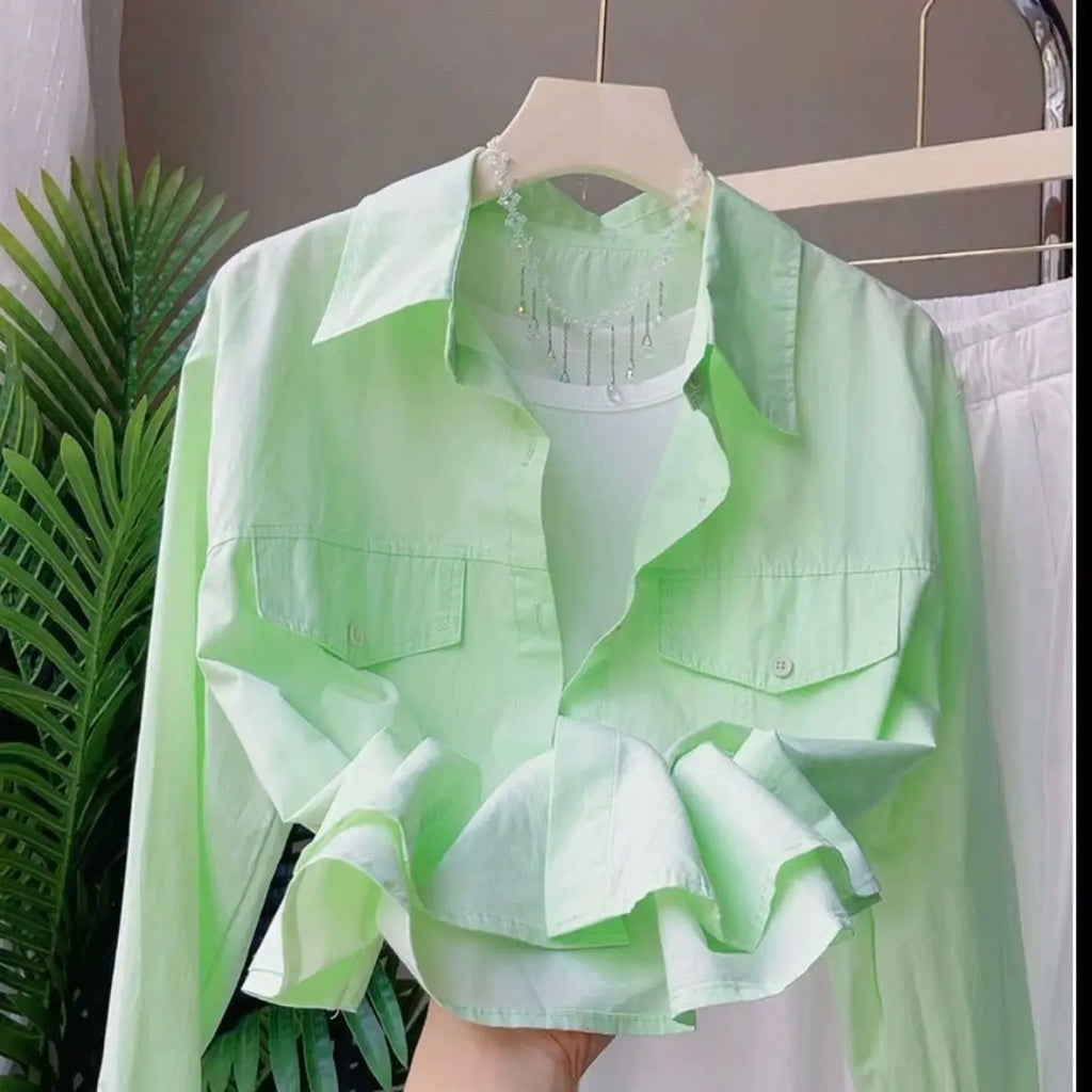 Sweet Pink Long Sleeve Pure Cotton Shirt Women's Casual Short Style  Collar Cardigan Coat Korean Loose Fit Button Detail