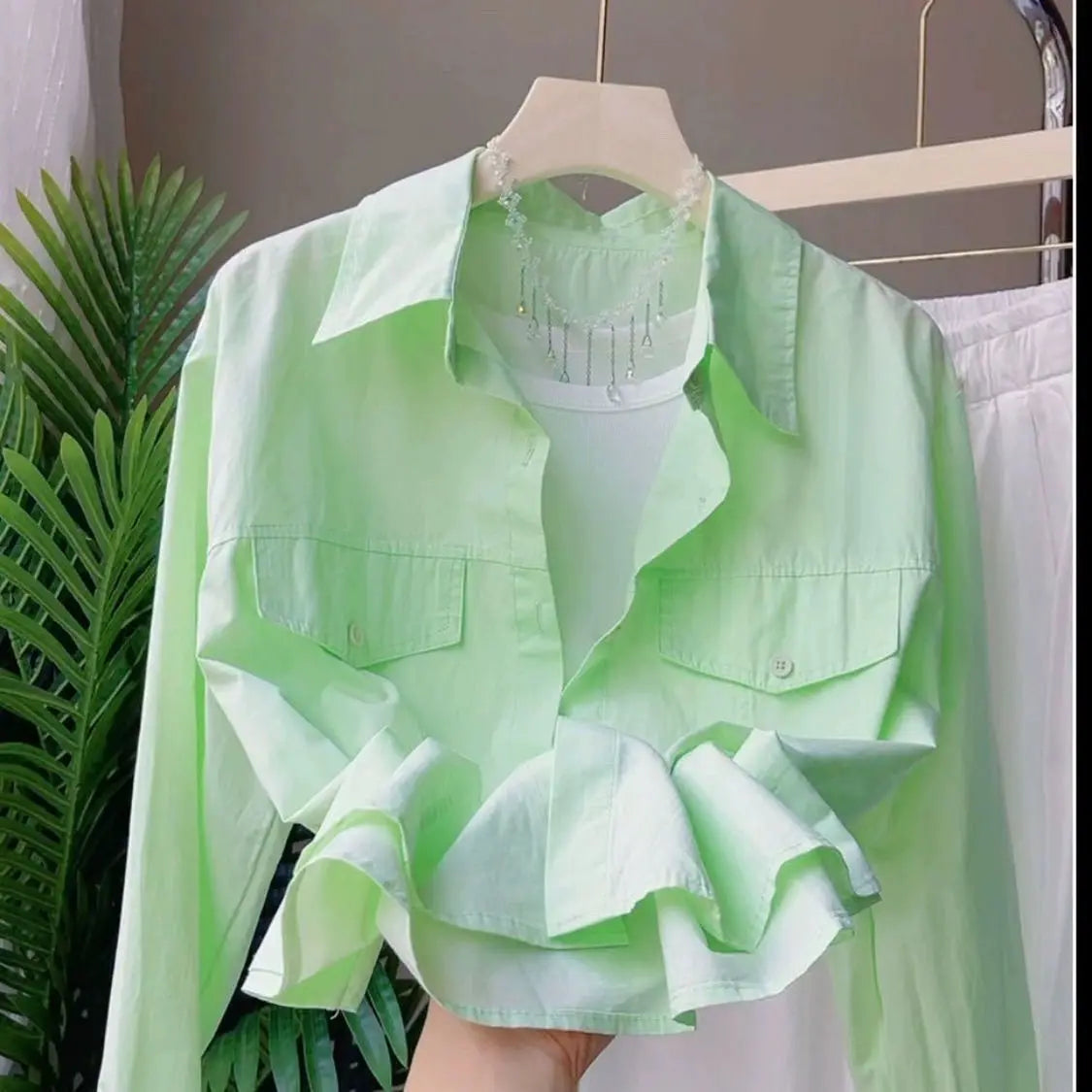 Sweet Pink Long Sleeve Pure Cotton Shirt Women's Casual Short Style  Collar Cardigan Coat Korean Loose Fit Button Detail
