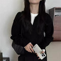 Loose Casual Long Sleeve  Neck Knitted Sweater Women's Black Soft Comfortable V-Neck Top for Autumn Winter Daily Wear