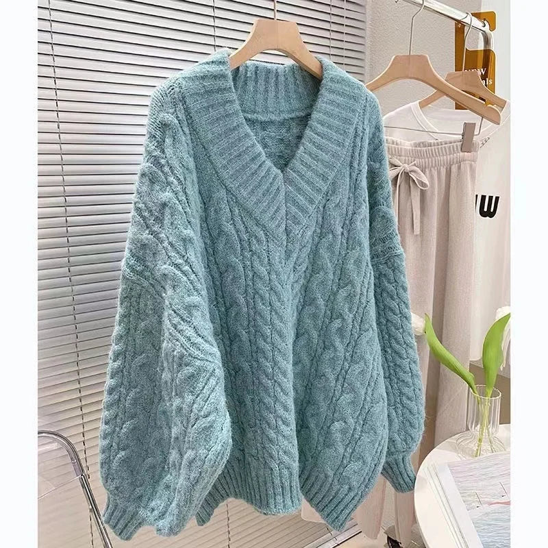 Women's V-Neck Thickened Twisted Sweater Loose Outerwear Lazy Style Design Warm Knitted Top Autumn Winter Fashion Commute Pur...