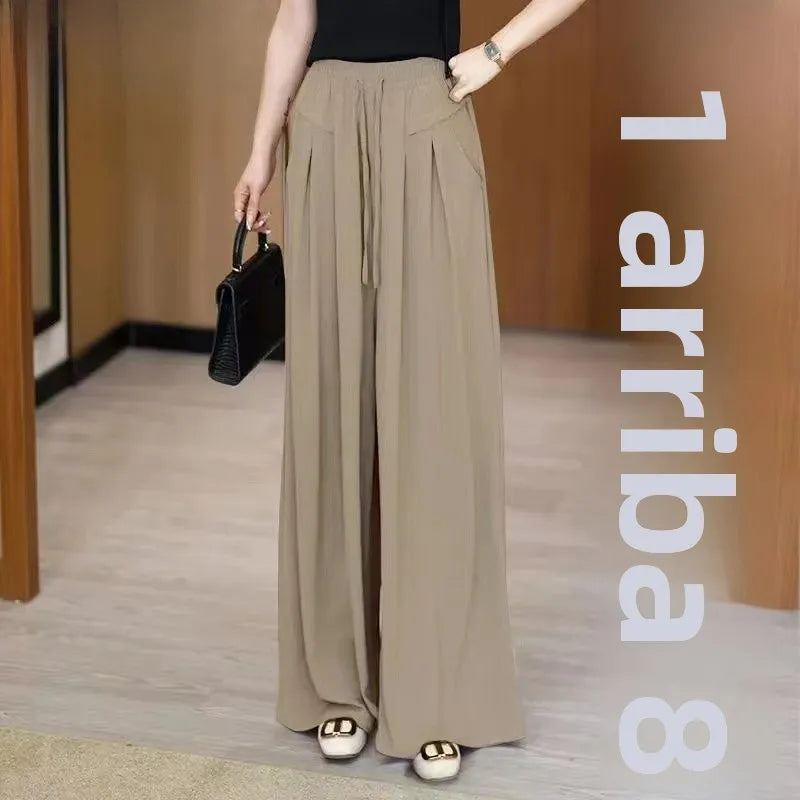 Ice Silk Wide Leg Pants Women's New Style Drapey Loose plus Size Cool Casual Trousers Mosquito Proof Sun Protection Mid-aged ...
