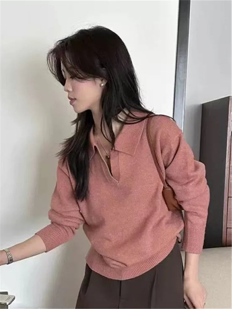 Loose Casual Long Sleeve  Neck Knitted Sweater Women's Black Soft Comfortable V-Neck Top for Autumn Winter Daily Wear