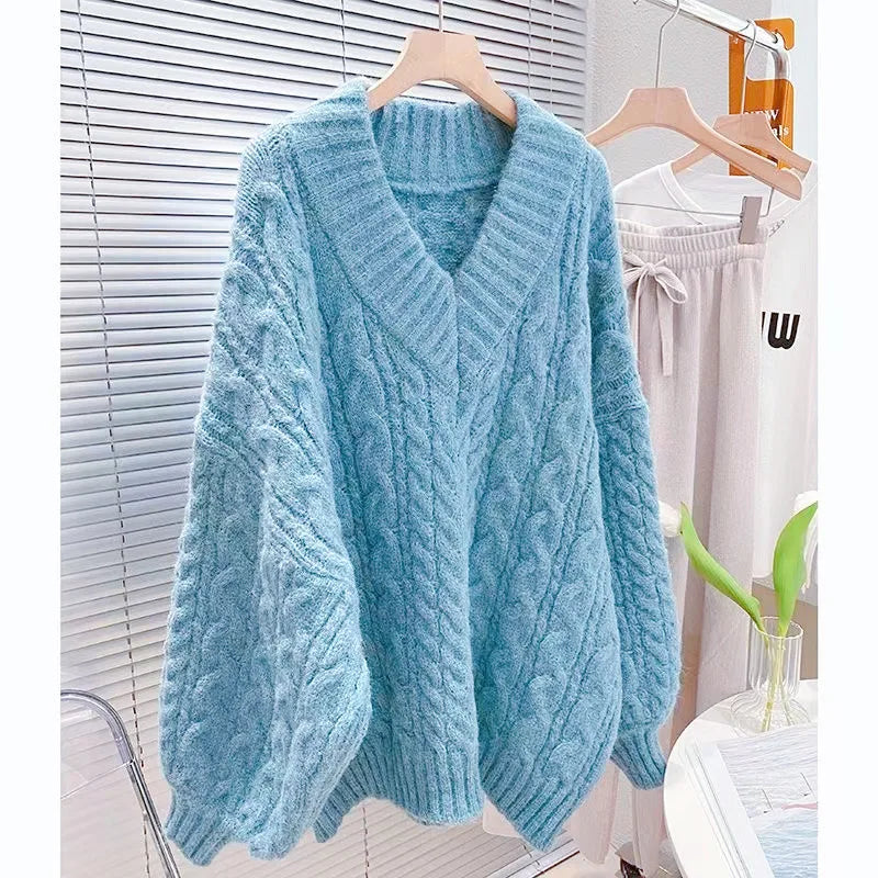 Suéter Trenzado de Cuello V Oversize