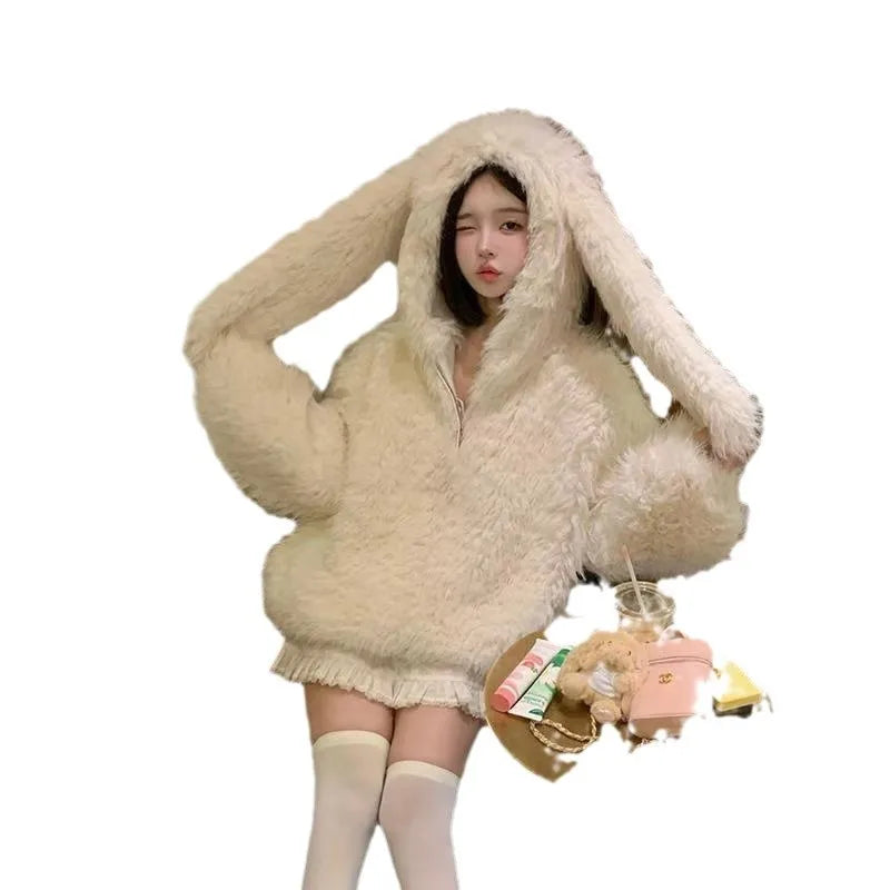 Cute Rabbit Ear Plu Jaet Women's Autumn Winter New Sle Sweet Loose Thiened Hoodie Outerwear Soft Cozy Comfortable