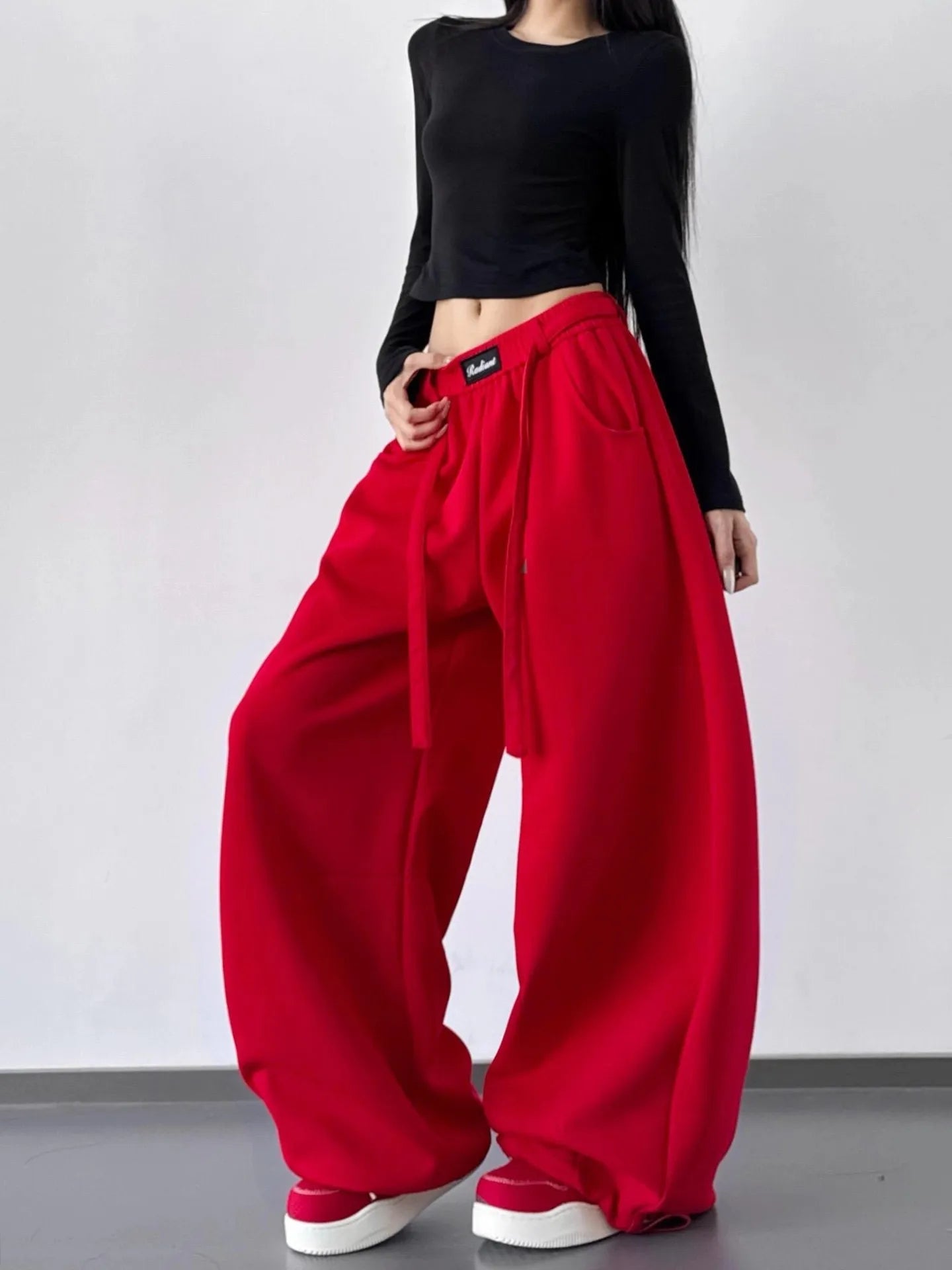 High Waist Casual Wide Leg Pants Women's Spring Autumn New Style Korean Style Drawstring Loose Straight Cut Sweatpants