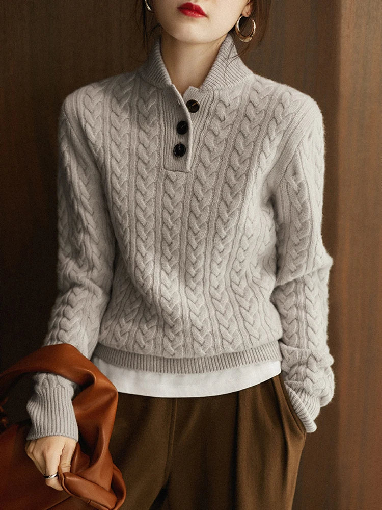 Outlet Store Tagless Thickened Knitted Sweater with Button Twist Flower Design Women's European High End Base Layer Sweater