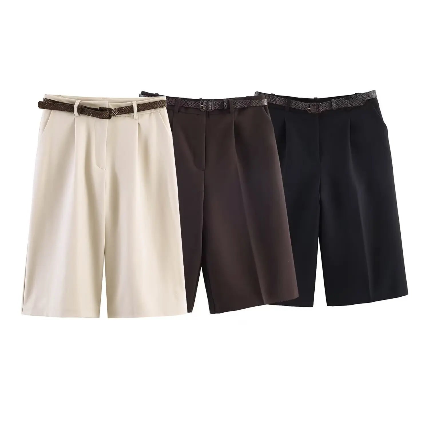 Fashionable Casual High Waist Long Short Pants Women's Spring Summer New Arrival Belt Included Polyester Fiber Straight Leg