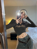 Retro American Long Sleeve T-Shirt Women's High Waist Crop Top Slim Fit Short Style Base Shirt Commute Style Polyester Fiber