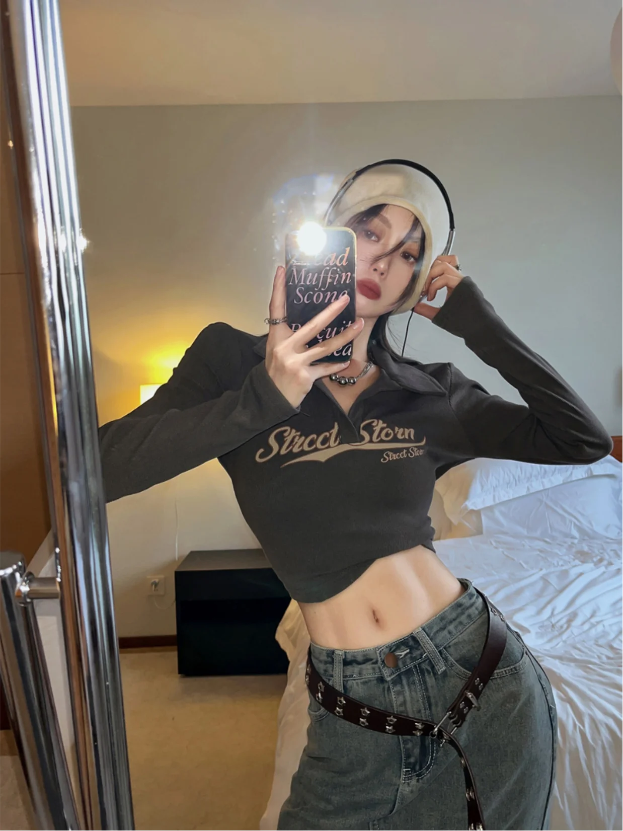 Retro American Long Sleeve T-Shirt Women's High Waist Crop Top Slim Fit Short Style Base Shirt Commute Style Polyester Fiber