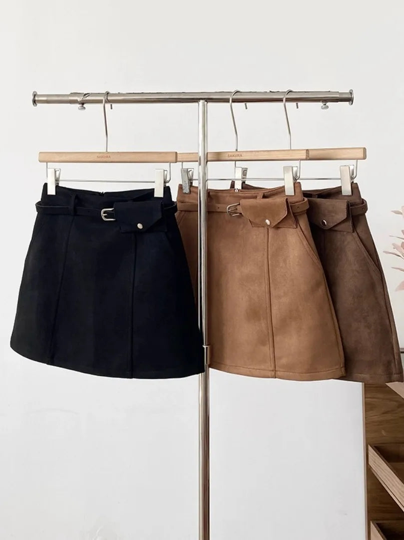 High Waist Brown Suede  Skirt Women's plus Size A-Line Skirt Bodycon Style Anti-Light Spring New Korean Version