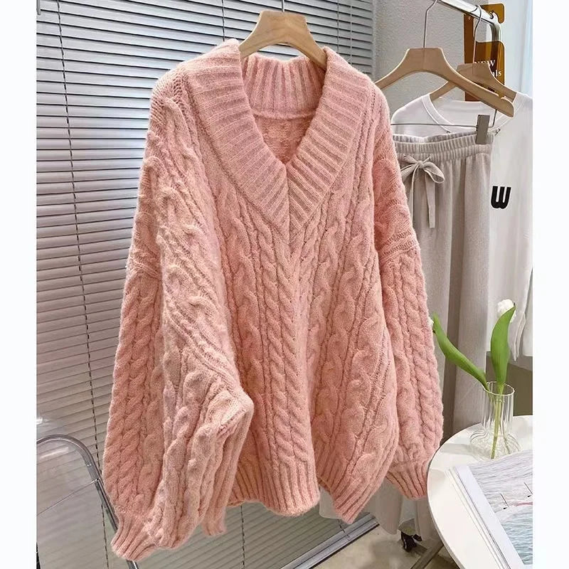 Suéter Trenzado de Cuello V Oversize