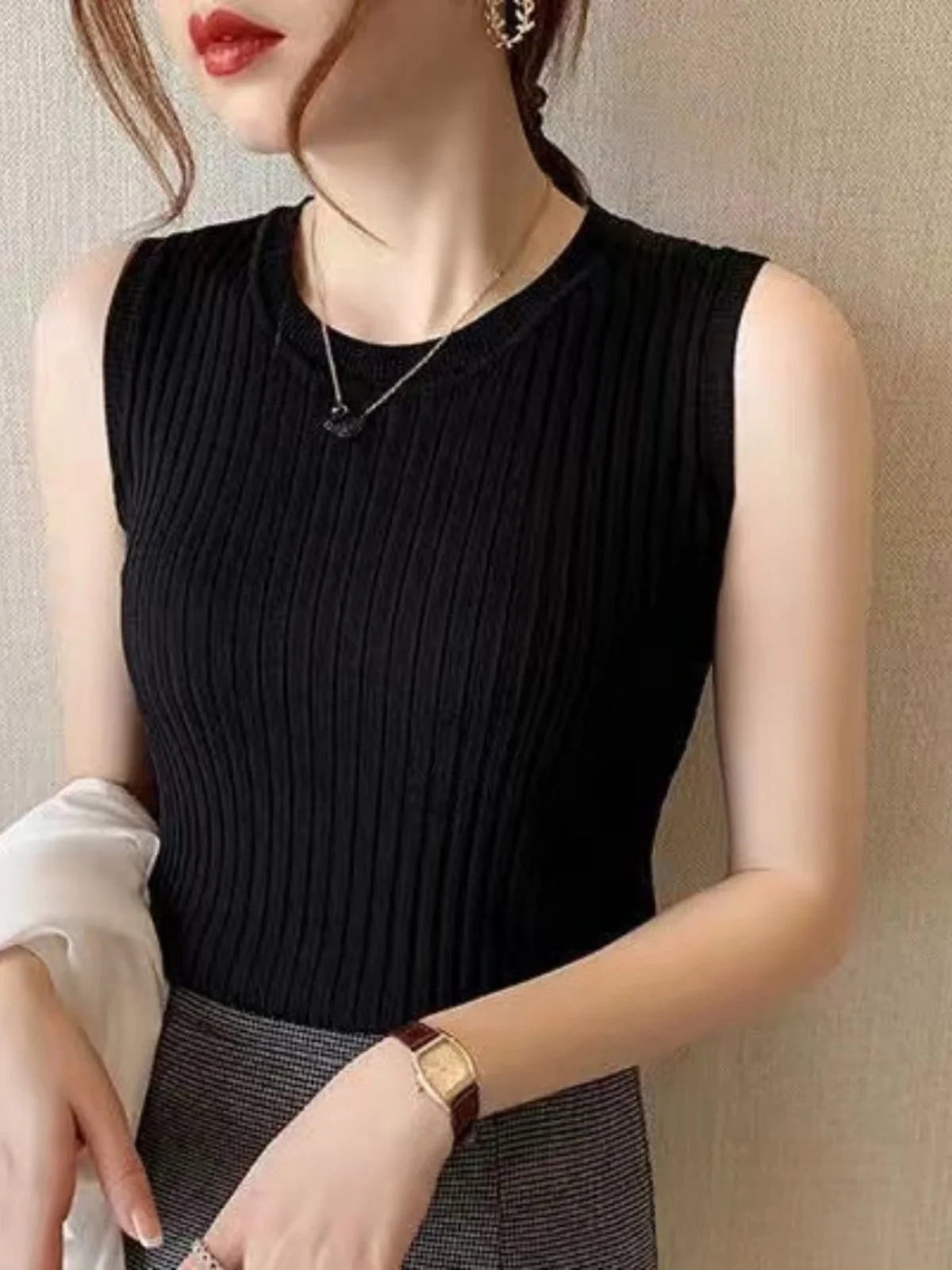 Women's Svel Ice Silk Knitted Vest Summer New plus Size Strap Top Outerwear Slimming Belly Covering irt Commute Sle