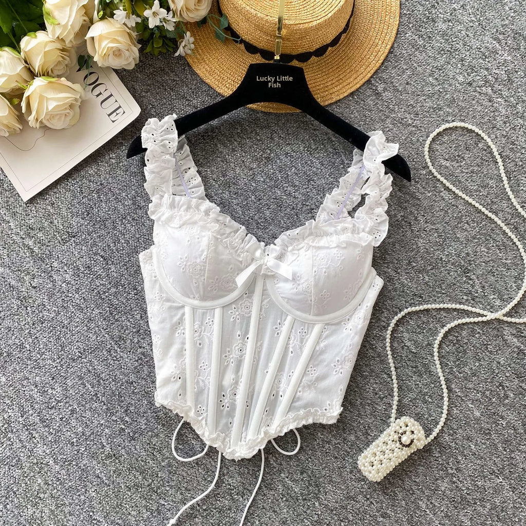 Sweet Heavy Embroidery Hollow out Strap Vest Women Summer Pure Desire Spicy Fibone Slimming Top Women's Faion Outfit