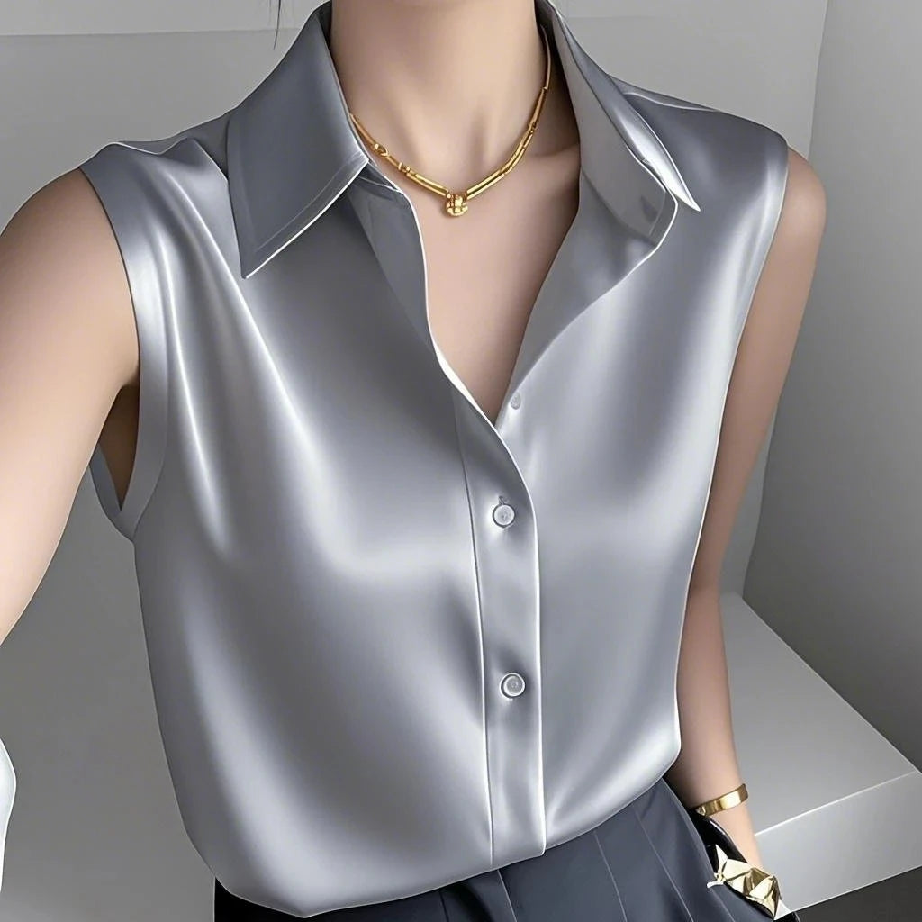 Blusa Sin Mangas de Cuello Alto Satinada