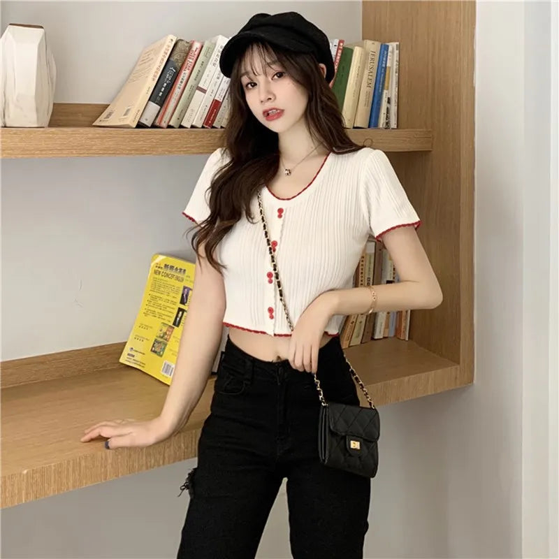 Short Sleeve T-Shirt Women's White Half Sleeve Summer Fashionable Korean Style Slim Fit round Neck Short Length Top