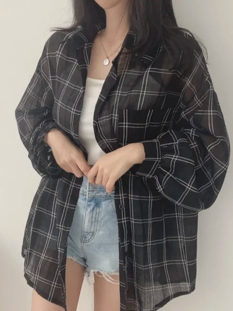 Loose Long Sleeve Plaid Shirt Women's Fashion Early Autumn New Style Korean Version Single Button Cardigan Sun Protection Top