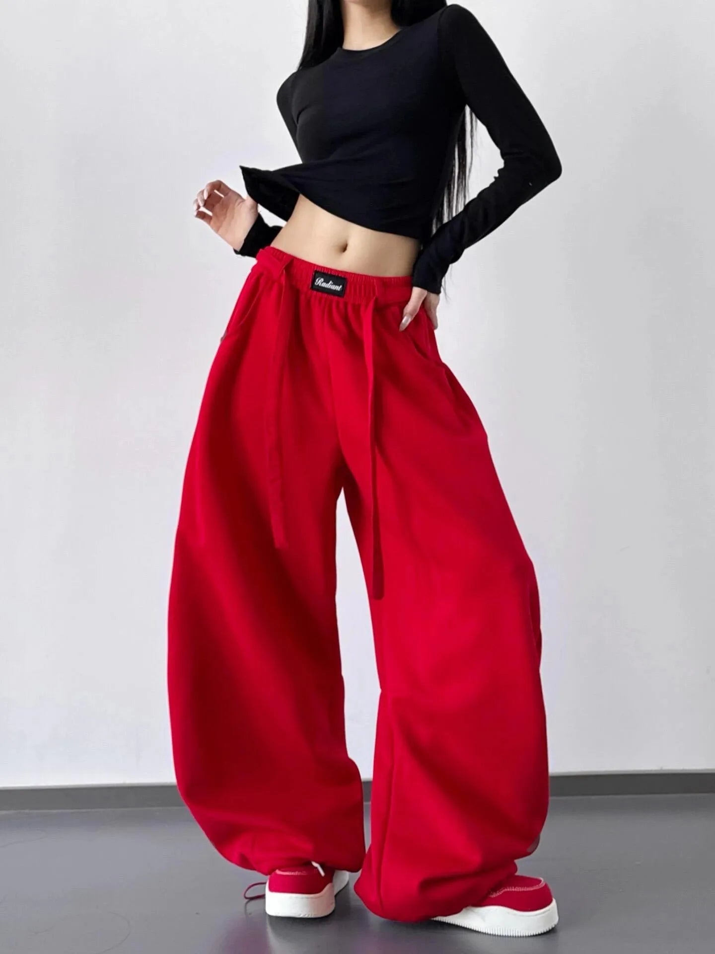 High Waist Casual Wide Leg Pants Women's Spring Autumn New Style Korean Style Drawstring Loose Straight Cut Sweatpants