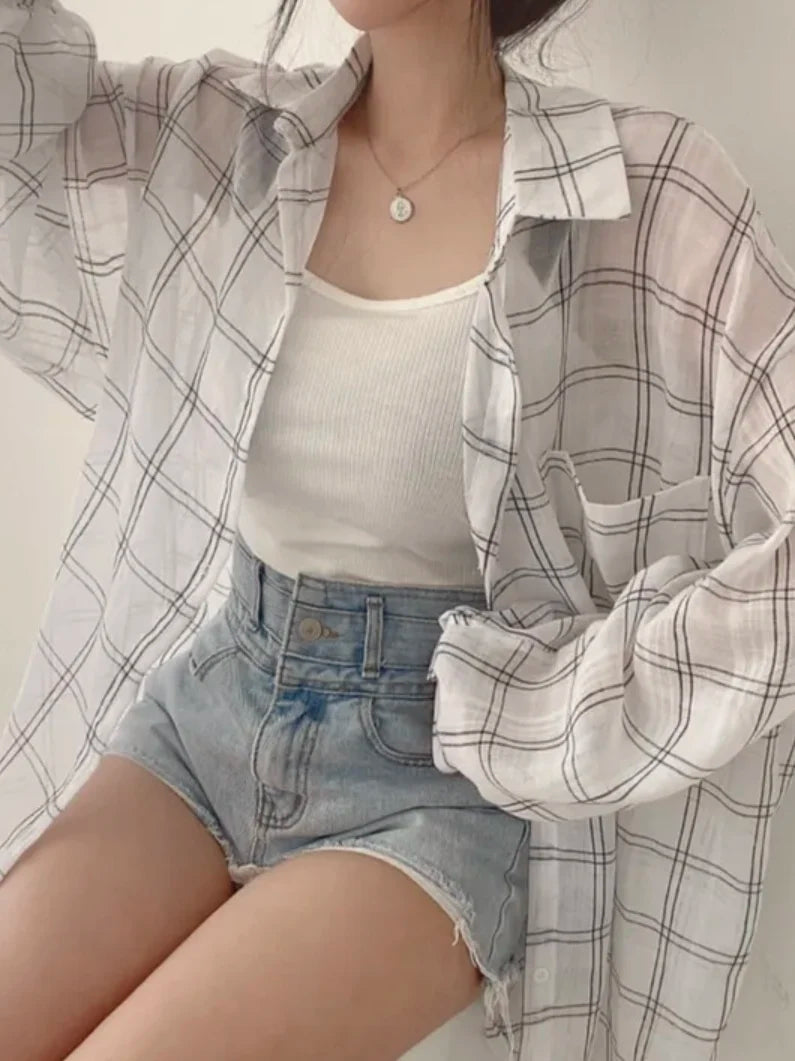 Loose Long Sleeve Plaid Shirt Women's Fashion Early Autumn New Style Korean Version Single Button Cardigan Sun Protection Top