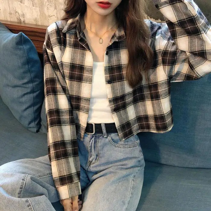 Women's Plaid irt Loose Fit ort Sve Long Sve Autumn Spring Faion Korean Sle Student Casual Outerwear Coat
