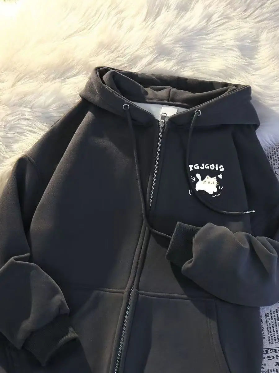 2026 New Korean Style Hoodie Sweatshirt Autumn Winter Fleece Casual Versatile American Loose Outerwear Trendy Zipper Closure