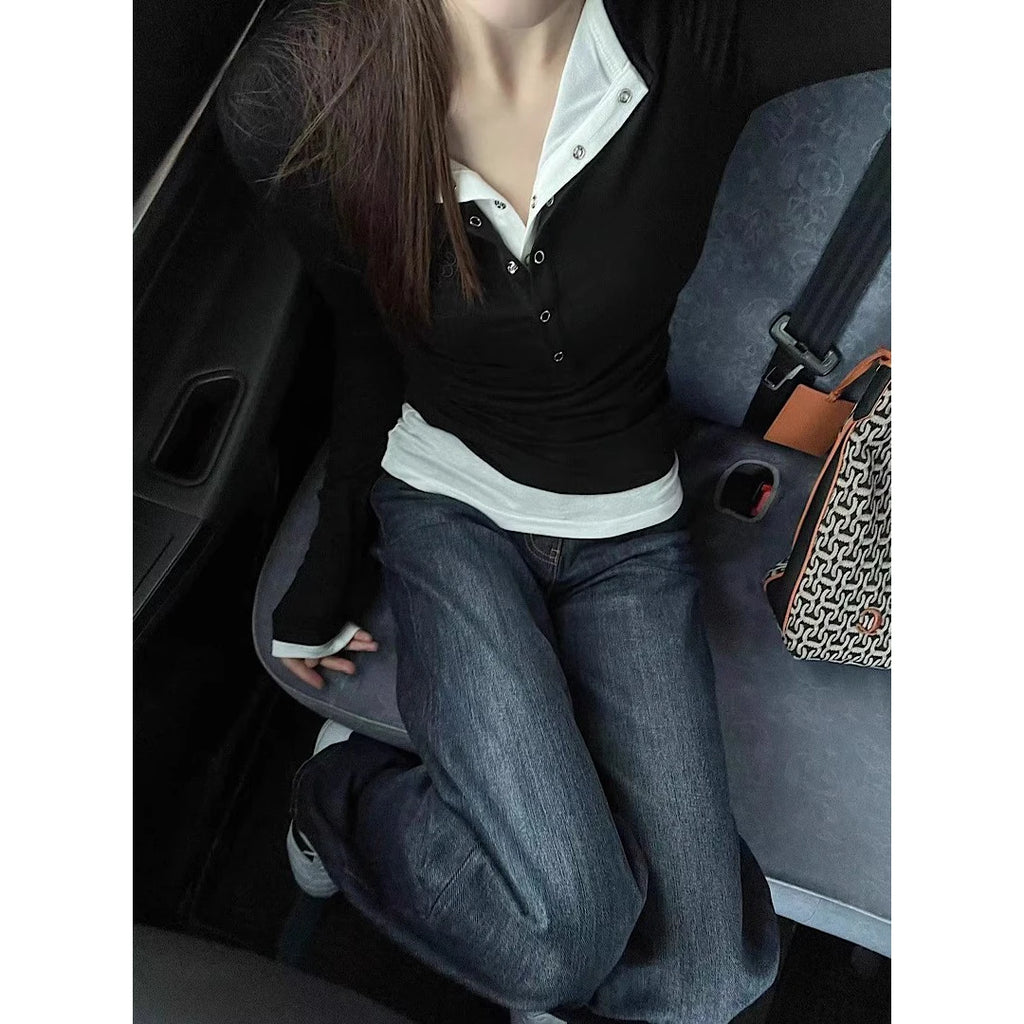 Black Long Sleeve Base Layer Shirt Women's Spring Autumn Slimming Design Unique Top Faux Two-Piece T-Shirt Cotton Polyester