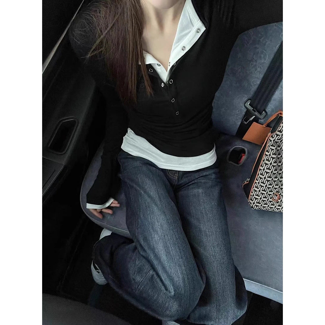 Black Long Sleeve Base Layer Shirt Women's Spring Autumn Slimming Design Unique Top Faux Two-Piece T-Shirt Cotton Polyester