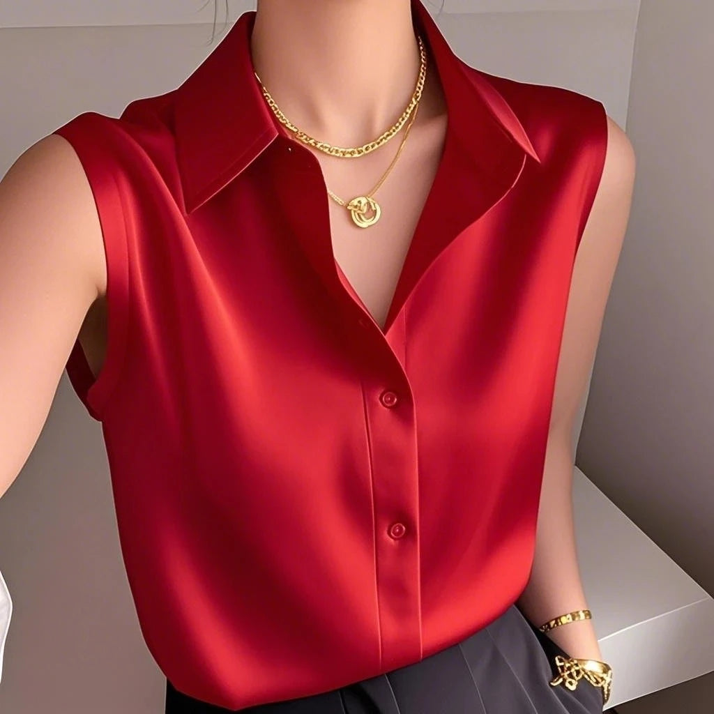 Blusa Sin Mangas de Cuello Alto Satinada