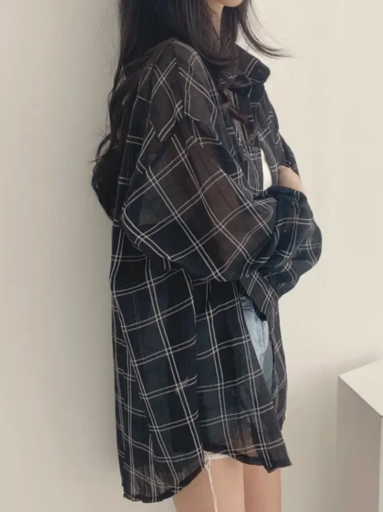 Loose Long Sleeve Plaid Shirt Women's Fashion Early Autumn New Style Korean Version Single Button Cardigan Sun Protection Top