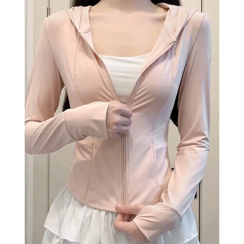 Pink Ice Silk Women's Summer Thin Outdoor UV Protection Clothing Tight Fit Short Outerwear Top Fashionable Sun Protection