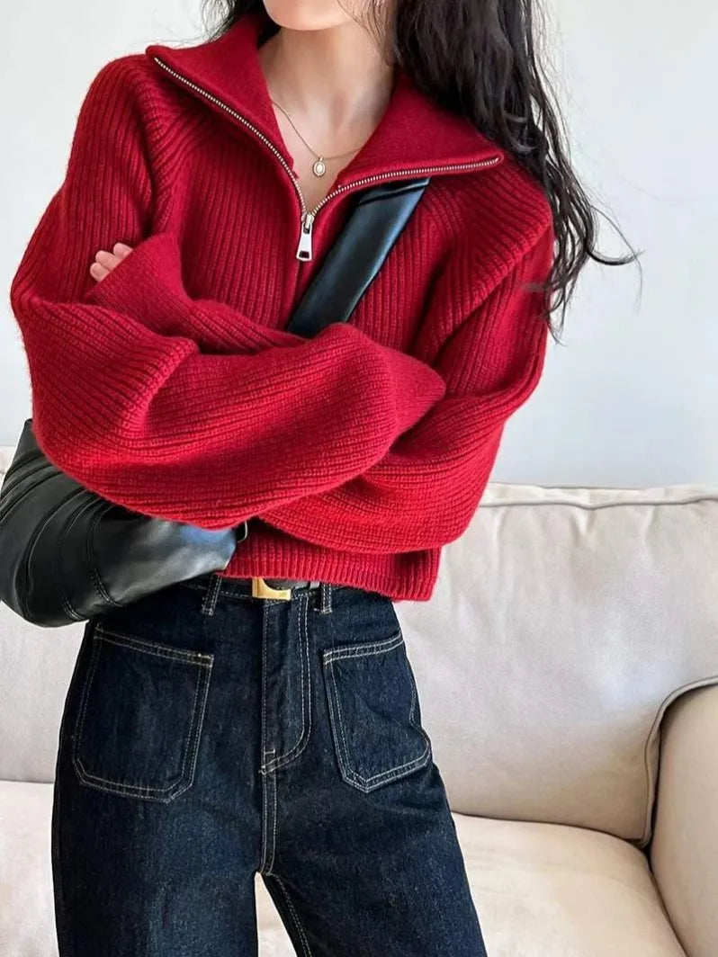 Red Knitted Sweater Women's Short Thickened Half High Collar Zipper Pure Color Loose Fit Autumn New Style High Waist Sweater