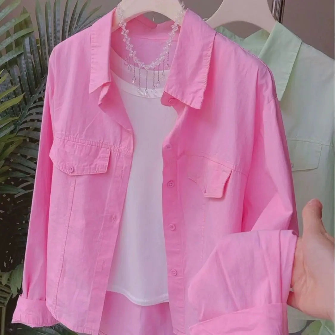 Sweet Pink Long Sleeve Pure Cotton Shirt Women's Casual Short Style  Collar Cardigan Coat Korean Loose Fit Button Detail