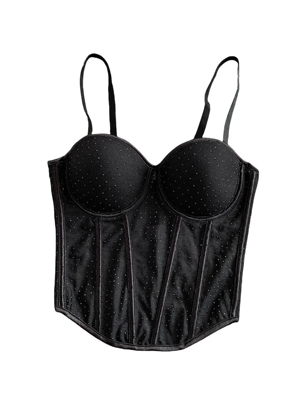 Slimming Short Lace-Up Back Tank Top Women's Fashion Summer 2025 V-Neck Diamond Embellished Anti-Sagging Pad Included