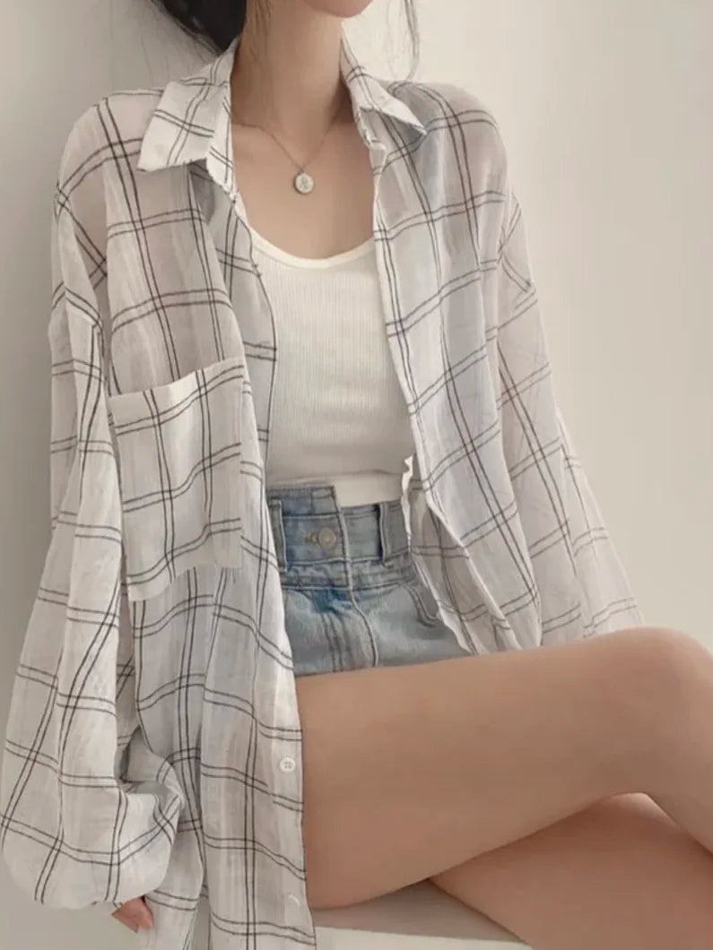 Loose Long Sleeve Plaid Shirt Women's Fashion Early Autumn New Style Korean Version Single Button Cardigan Sun Protection Top