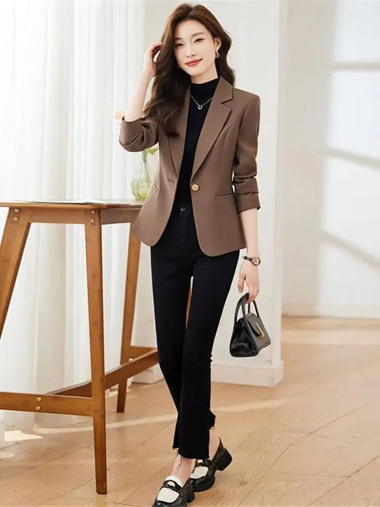 Café Brown Women's Suit Jacket Casual Fashionable Versatile Lightweight Spring Autumn Waist-Cinching Short Length Casual Top