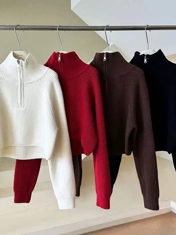 Red Knitted Sweater Women's Short Thickened Half High Collar Zipper Pure Color Loose Fit Autumn New Style High Waist Sweater