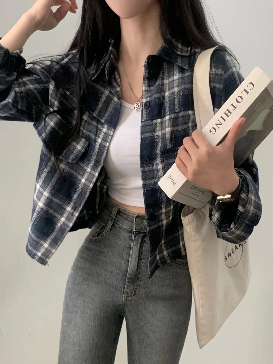 Plaid Long Sleeve Shirt Women's Short Style Inner Wear Top Unique Beautiful Lady Spring 2026 New Arrival Straight Cut Shirt