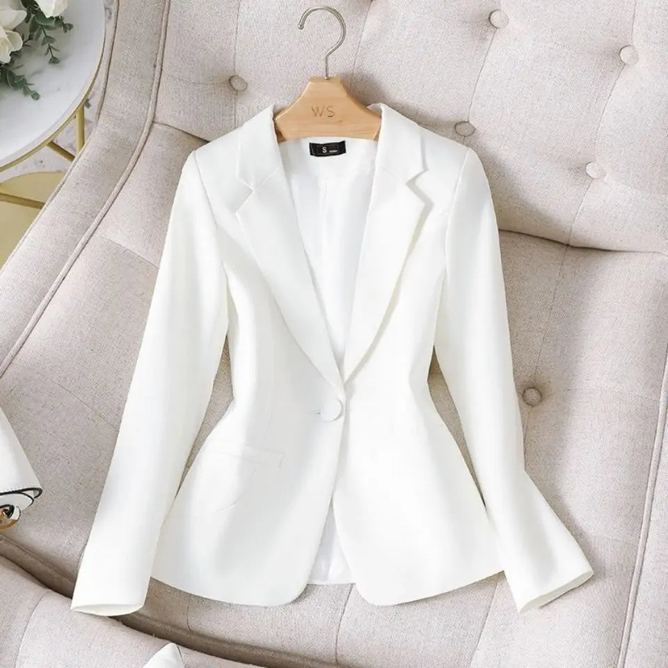 Women's Casual Long Sleeve Short Suit Jacket Korean Style Waist-Cinching Slim Fit Black And White Versatile Business Top