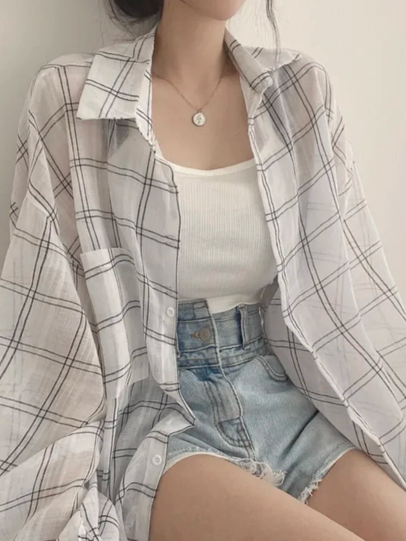 Loose Long Sleeve Plaid Shirt Women's Fashion Early Autumn New Style Korean Version Single Button Cardigan Sun Protection Top